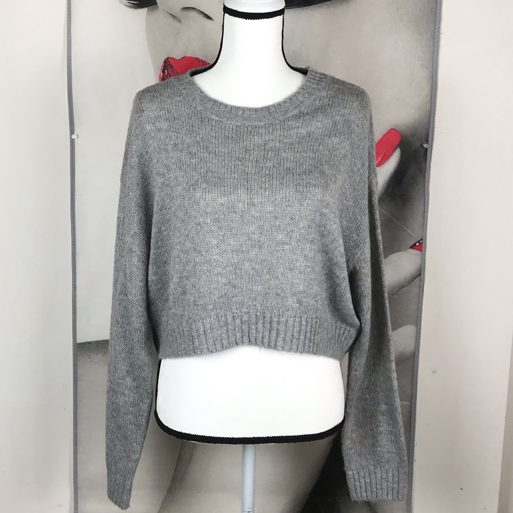 Grey Cropped Long Sleeve Sweater